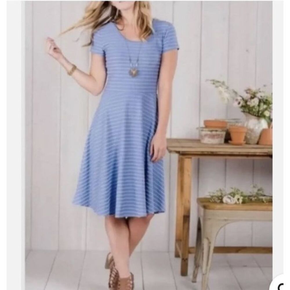 Matilda Jane Women's‎ S Exploration Dress Blue Striped Short Sleeve Scoop Neck